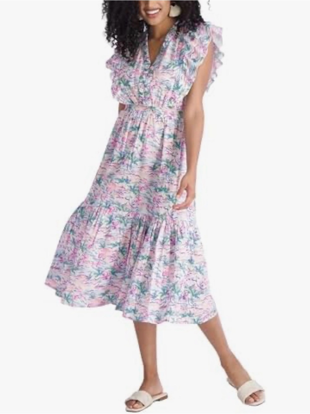 Stella Parker V Neck Flutter Sleeve Smocked Waist Midi Dress (Sz XL) Palm Beach